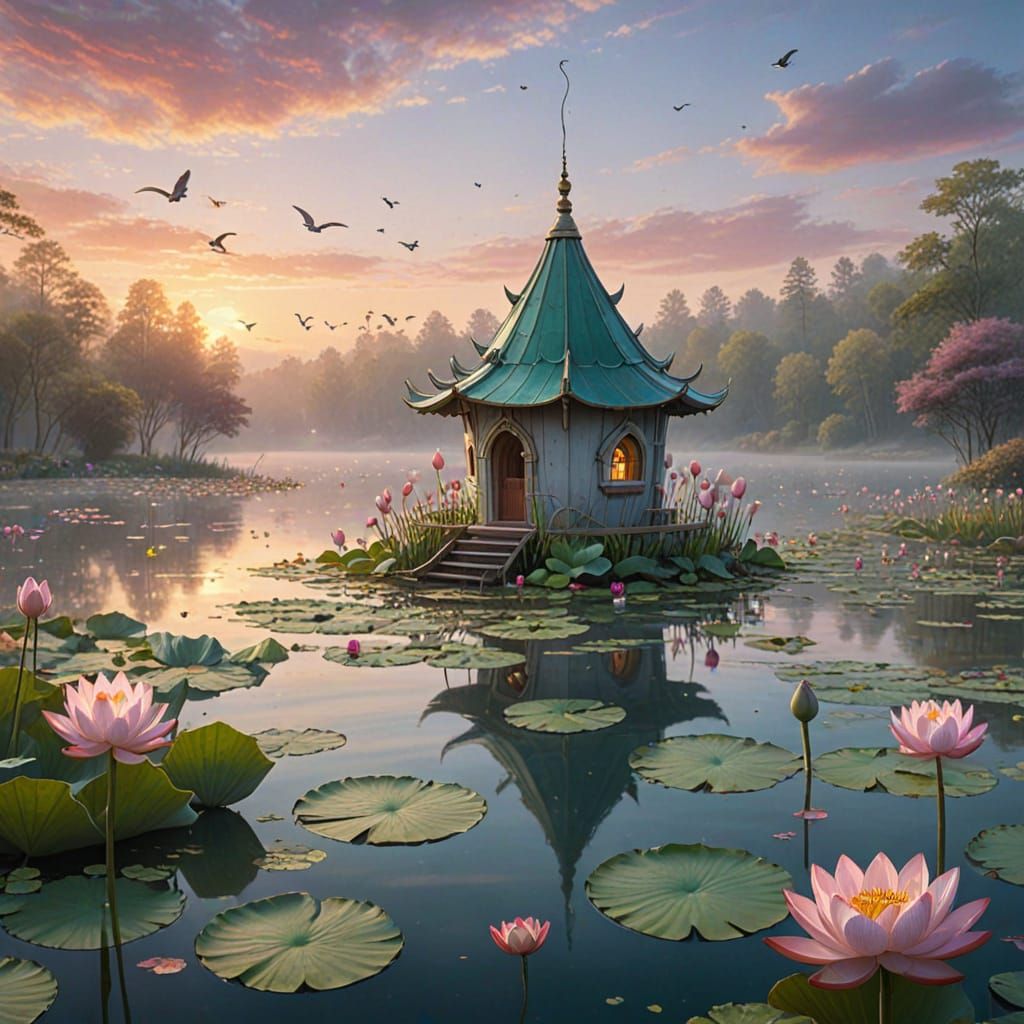 Digital painting. A whimsical birdhouse shaped like a giant ...