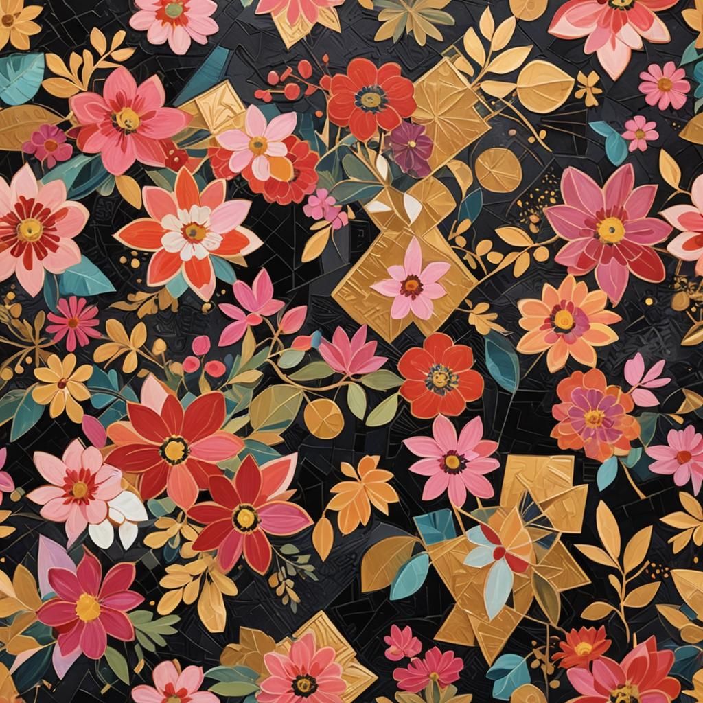 Vibrant Cubist Floral Pattern with Geometric Fauvism