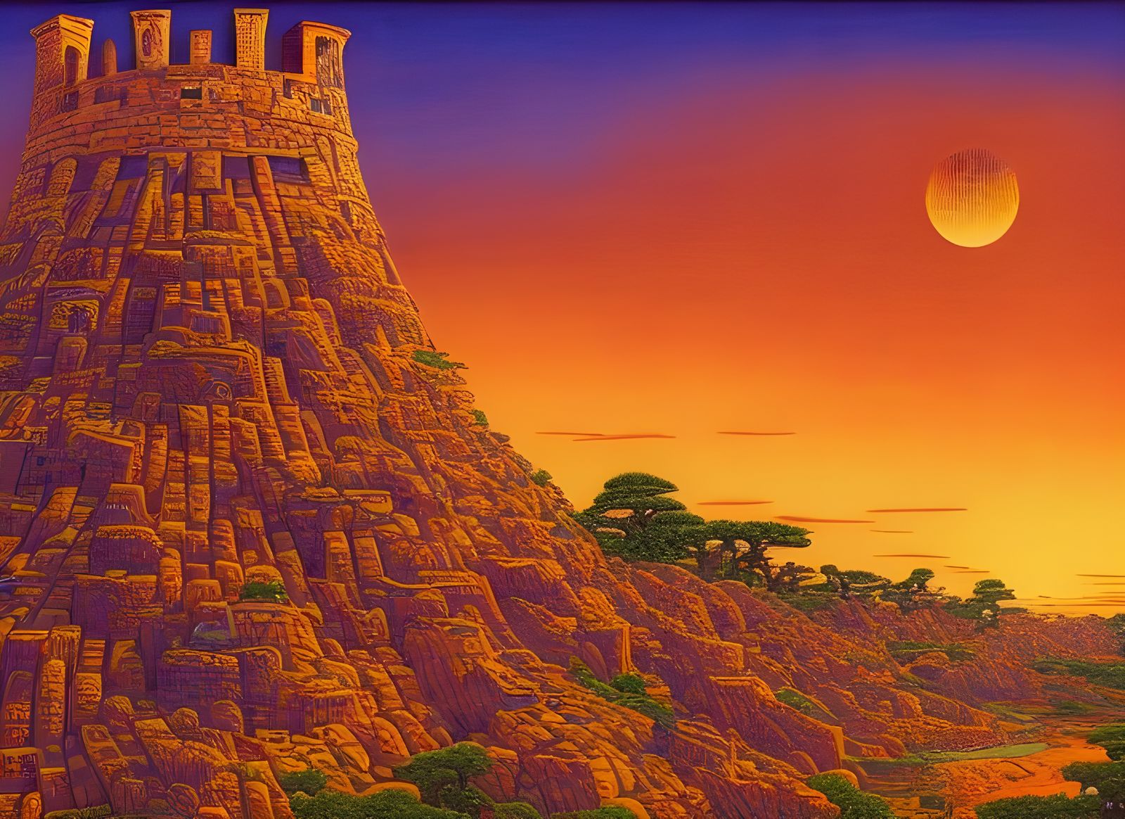 Colossal Pueblo Tower at Sunset: Surrealist 3D Rendering