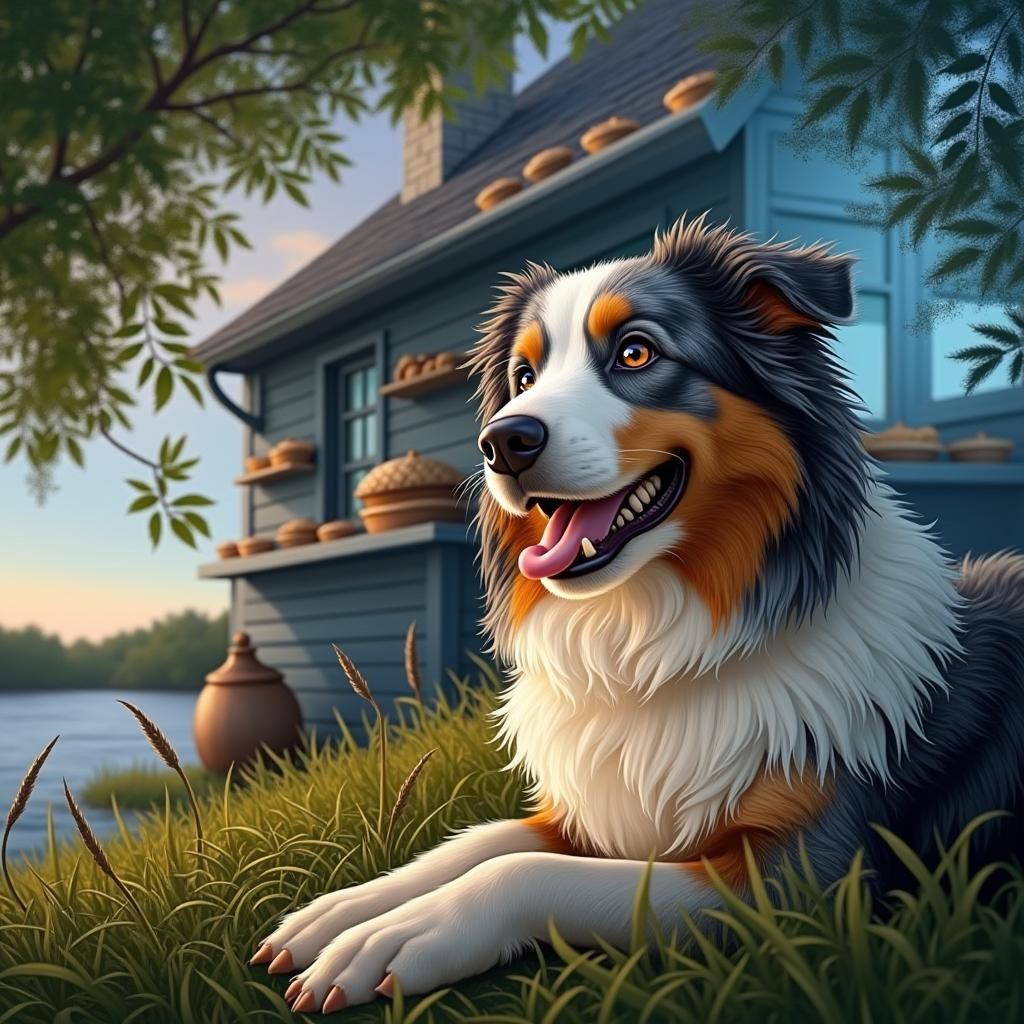 Australian Shepherd Surrounded by Pies: Folk-Art Illustratio...
