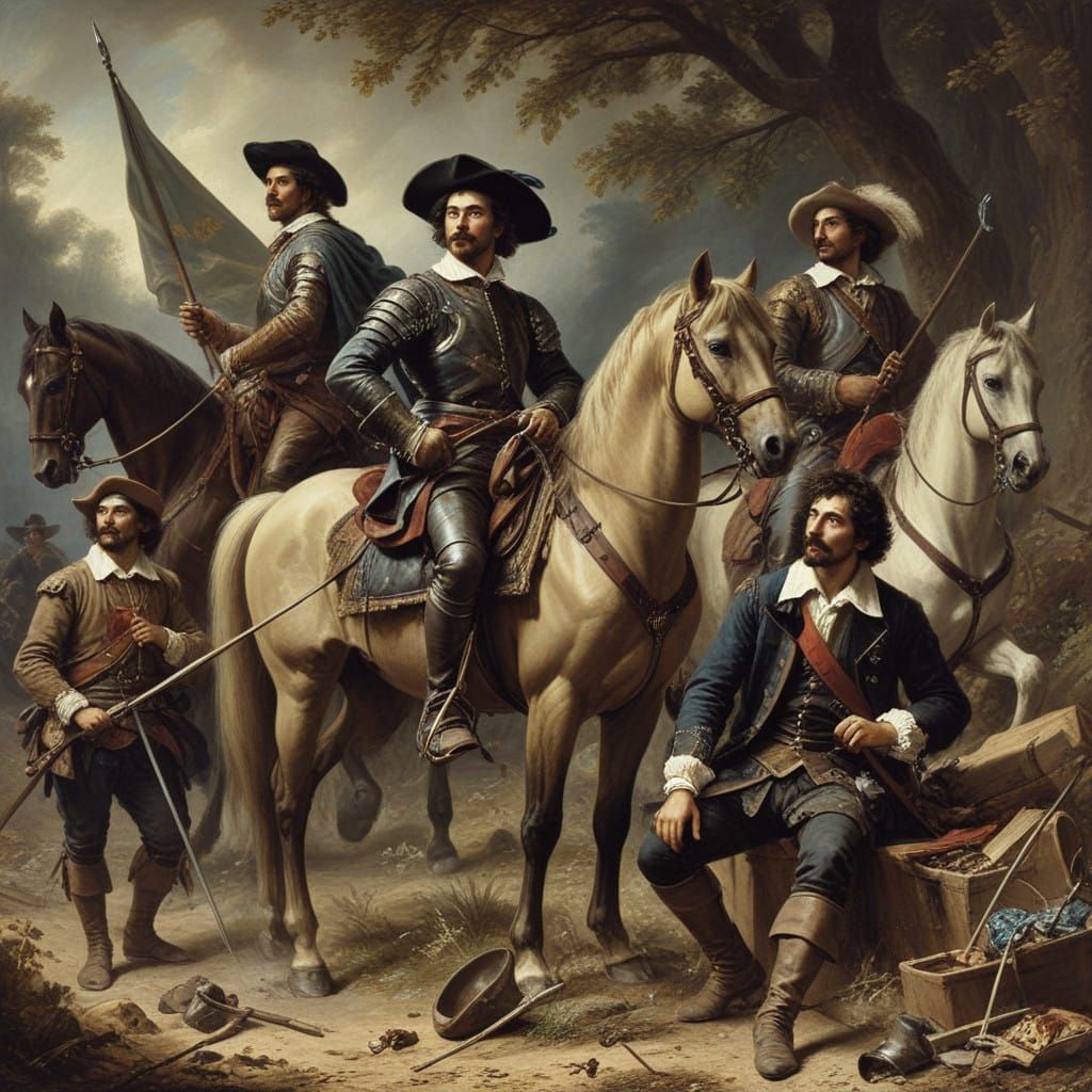 Musketeers of the King in 16th-Century Attire, Oil on Canvas...