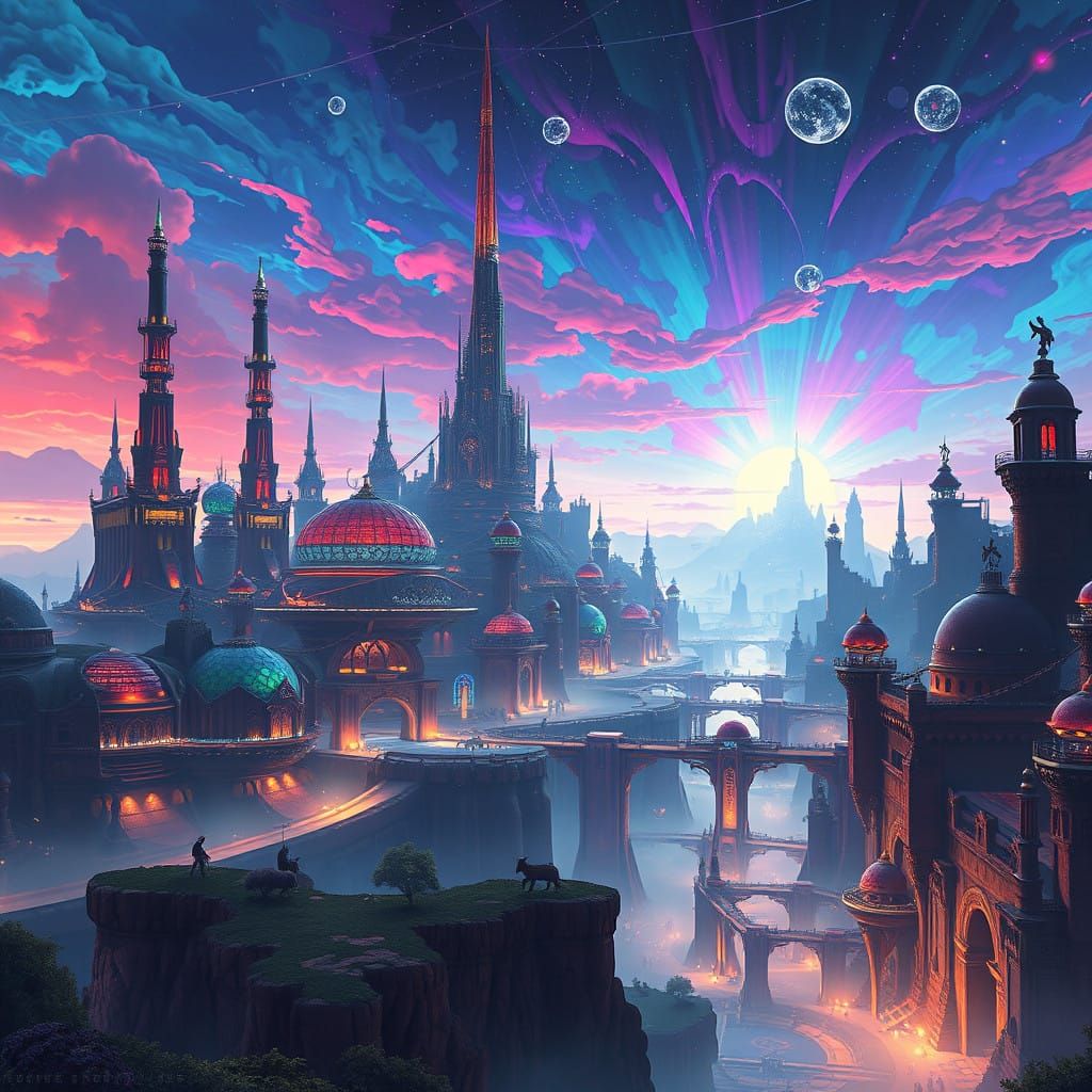 Ethereal Metropolis in Iridescent Skies