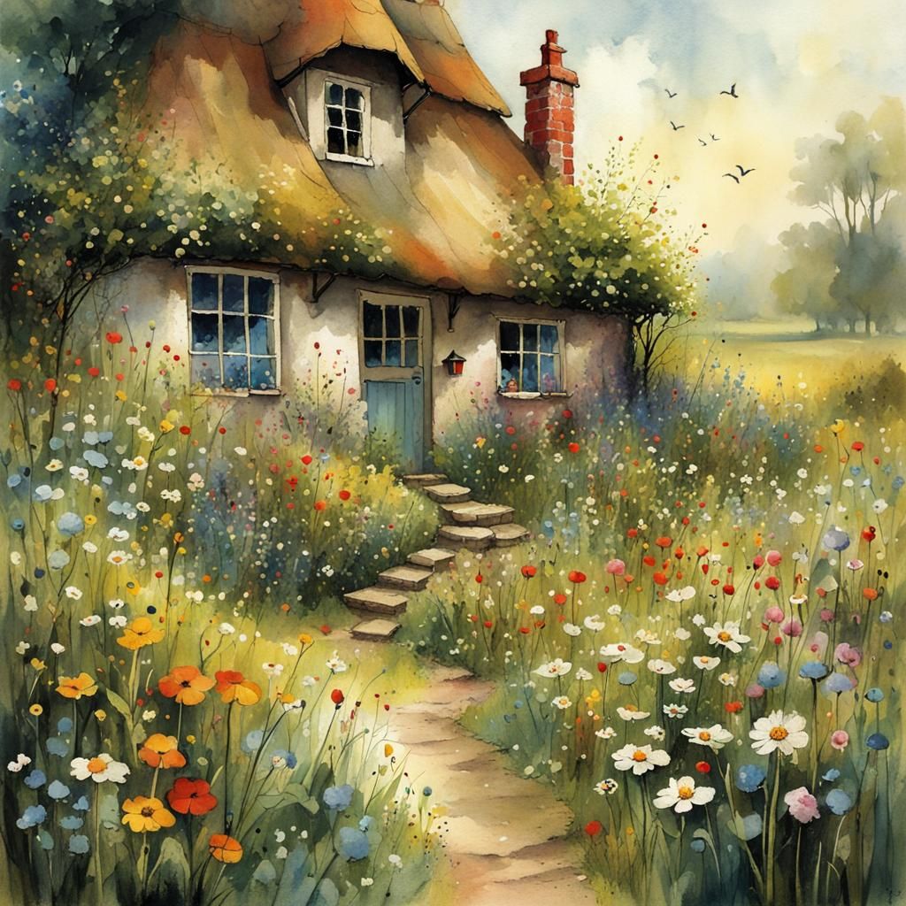 Wildflower Garden Cottage in Storybook Illustration Style