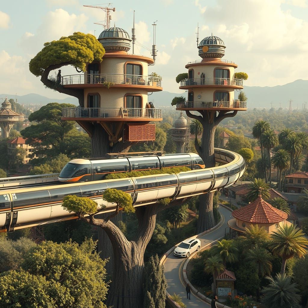 Solarpunk Treehouse Suburb with Monorail Commuter Transporta...