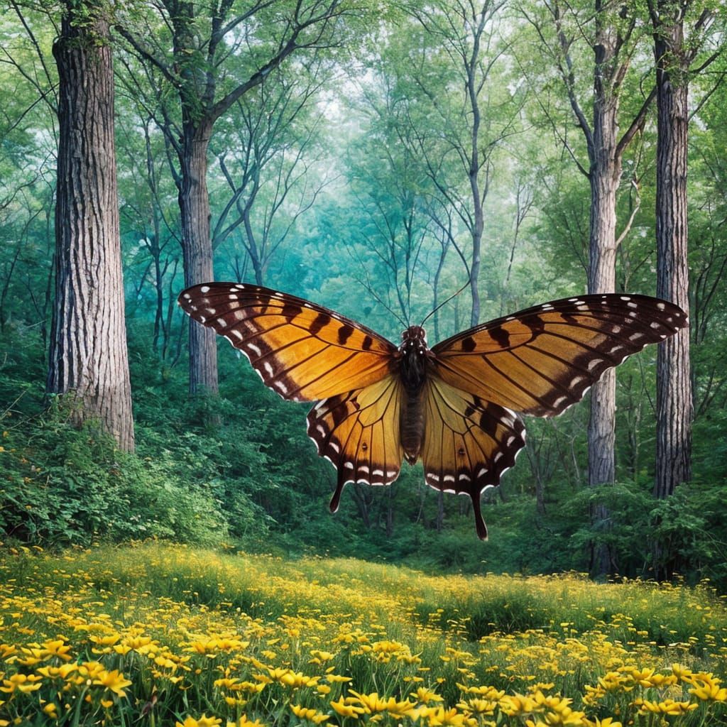 Monarch Butterfly Flying Through Forest with Golden Dust