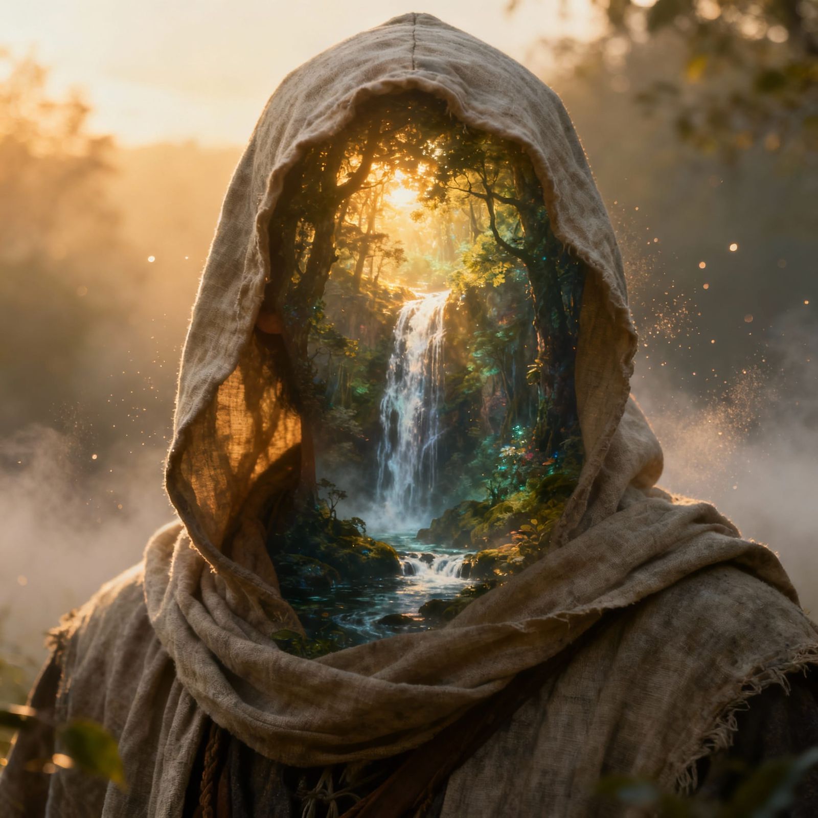 Mysterious Traveler with Magical Forest Within Hood