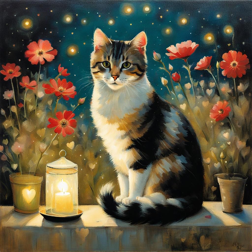 Cat on Pillow Surrounded by Flowers in Watercolour