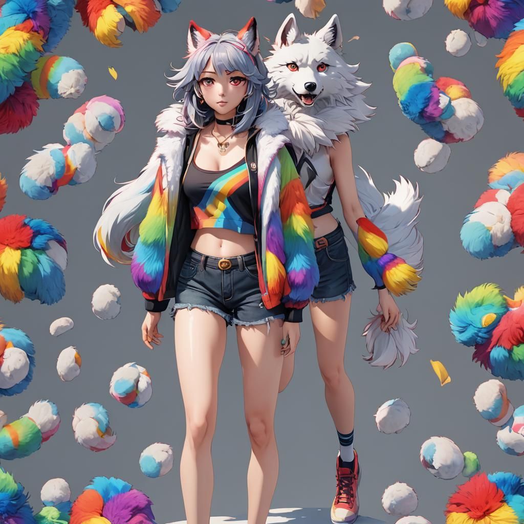 Rainbow Fur Anime Wolf Girl in 3D Style