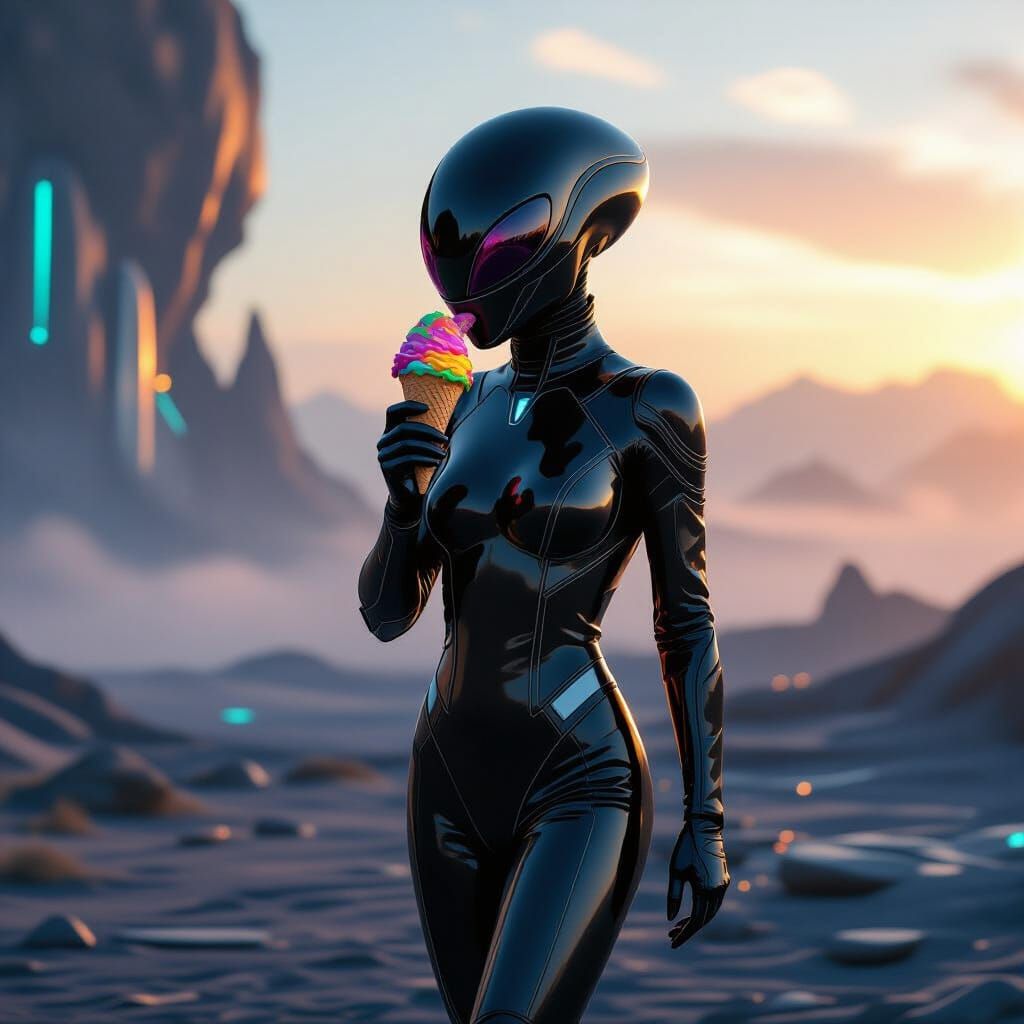 Alien Eats Ice Cream in Futuristic Digital Art