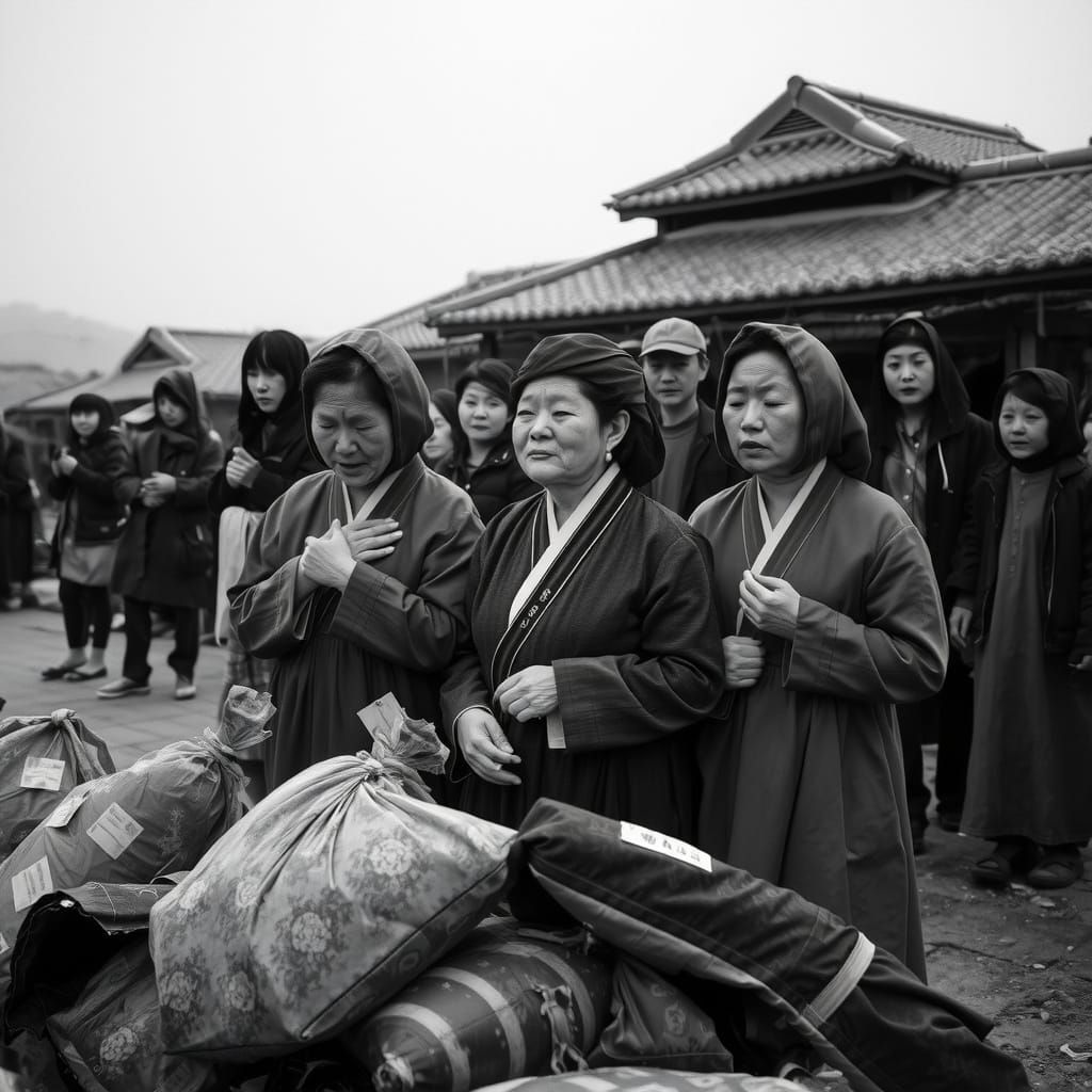 Korean Women Weeping in Village Square, Gritty B&W
