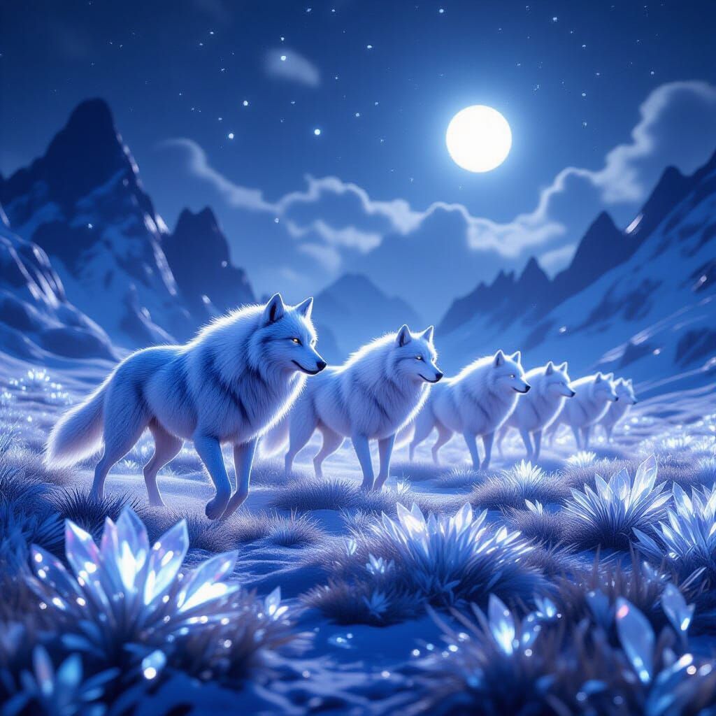 Spectral Wolves Traverse Otherworldly Plain Under Twin Suns