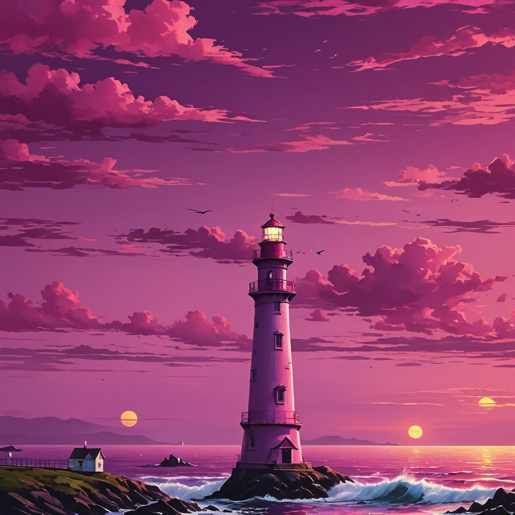 Magenta Lighthouse Ocean Sunset Dreamland