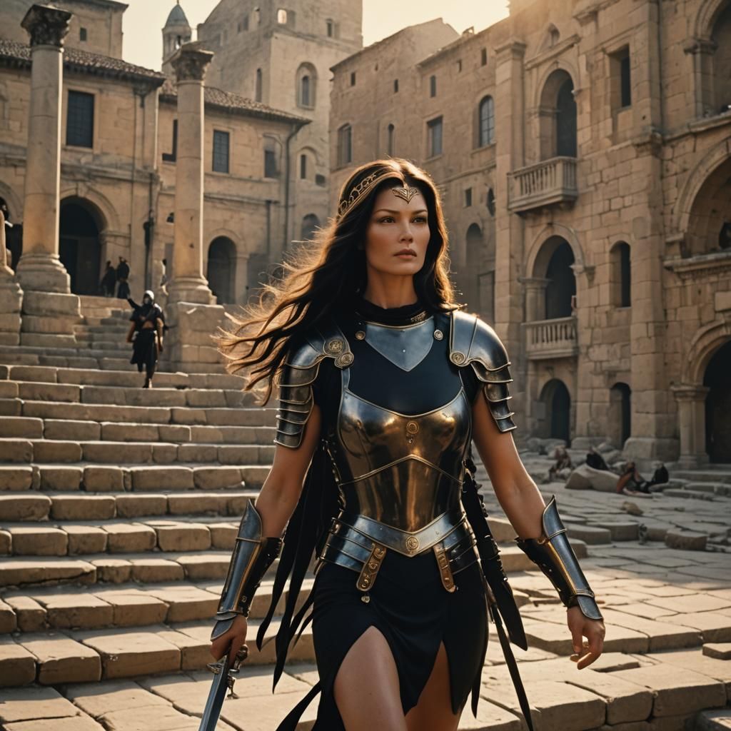 Roman Armor Sunrise: Young Woman with Sword