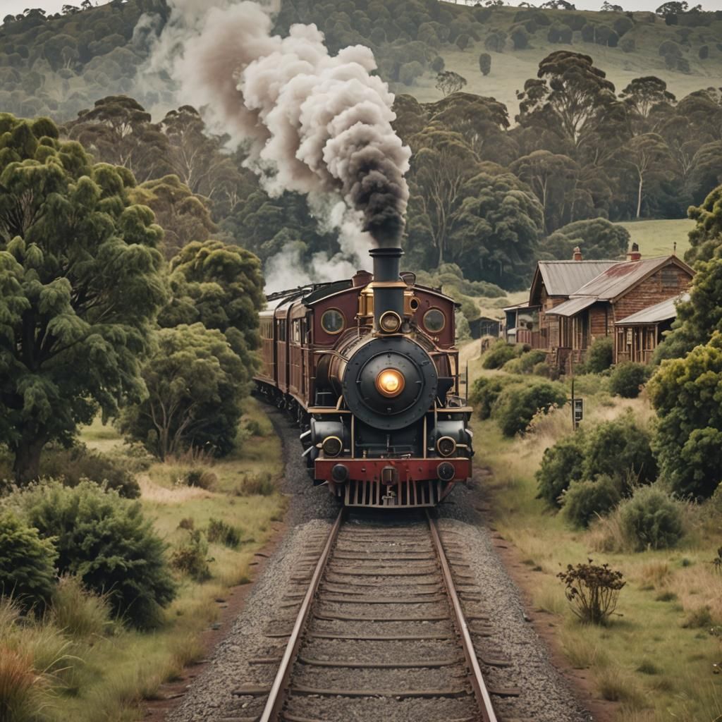 Victorian Steampunk Train on Rural Railway