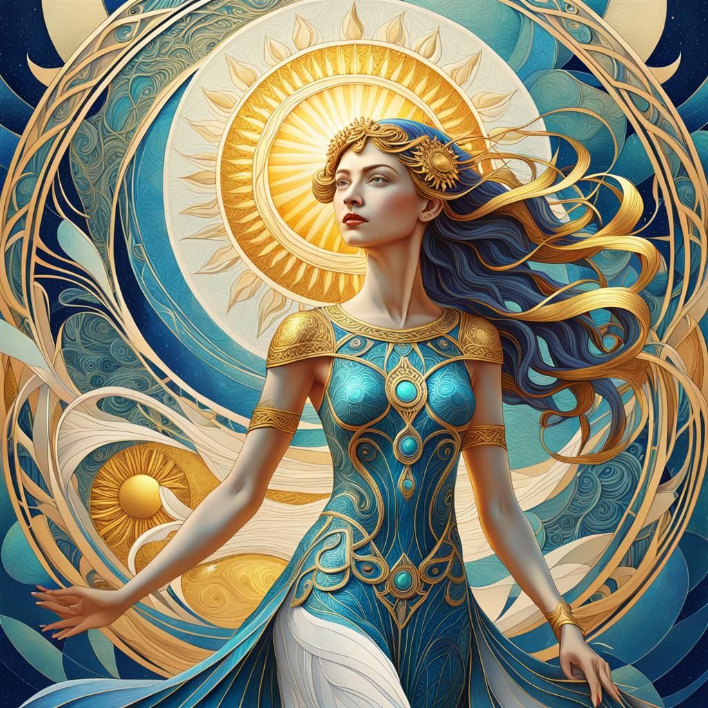 Art Nouveau Lady with Abstract Sun Background