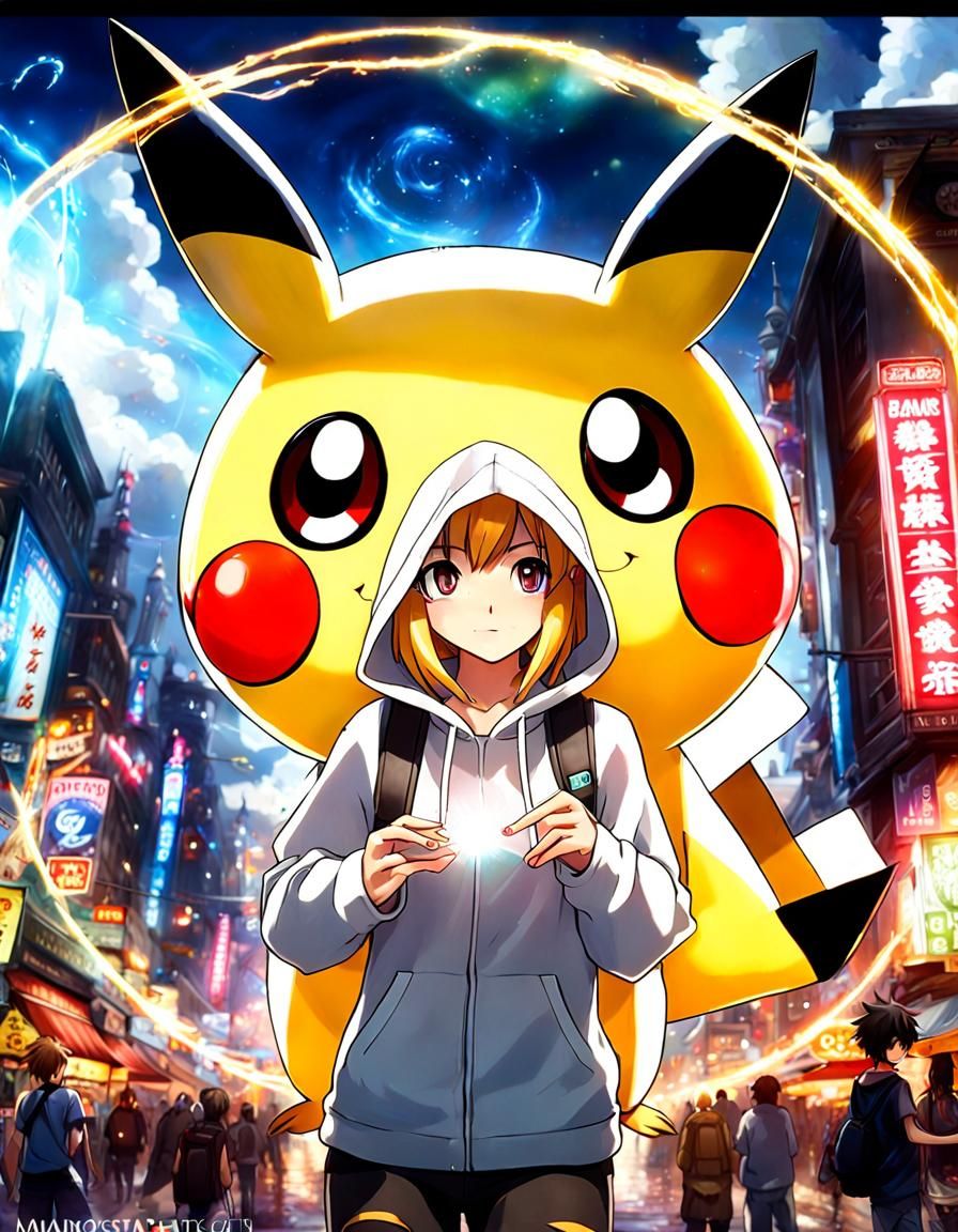 Pikachu Hoodie Girl in Fantasy Cityscape