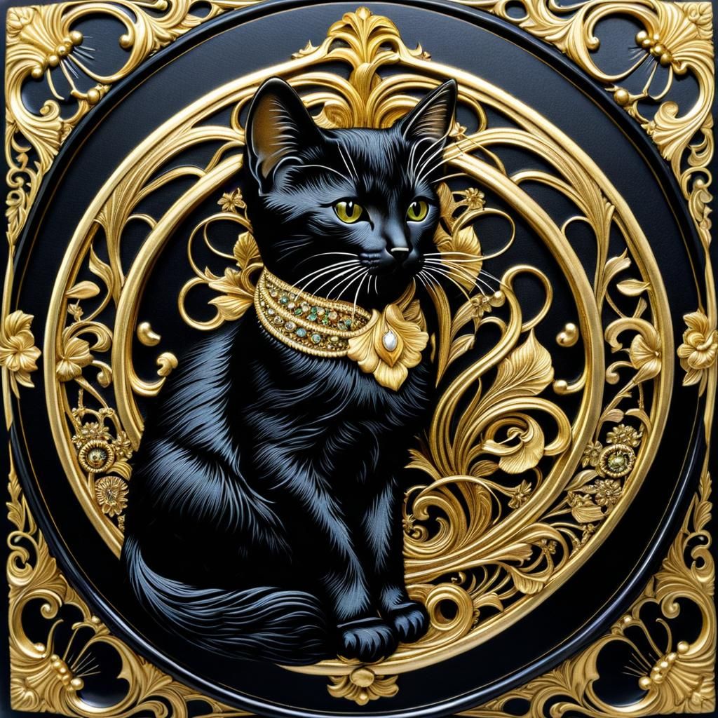 Art Nouveau Tuxedo Kitten in Black and Gold