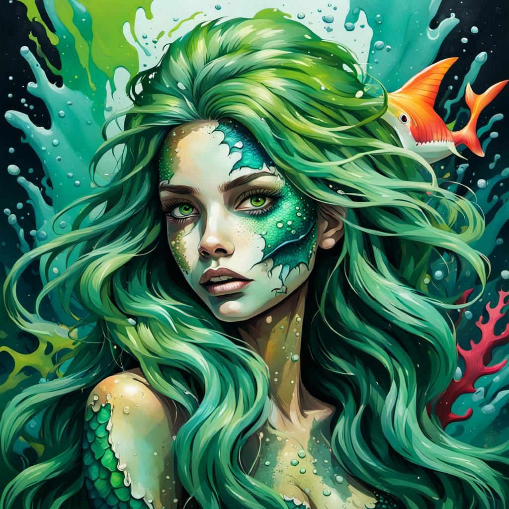 Menacing Mermaid with Shark Teeth in Graffiti Style