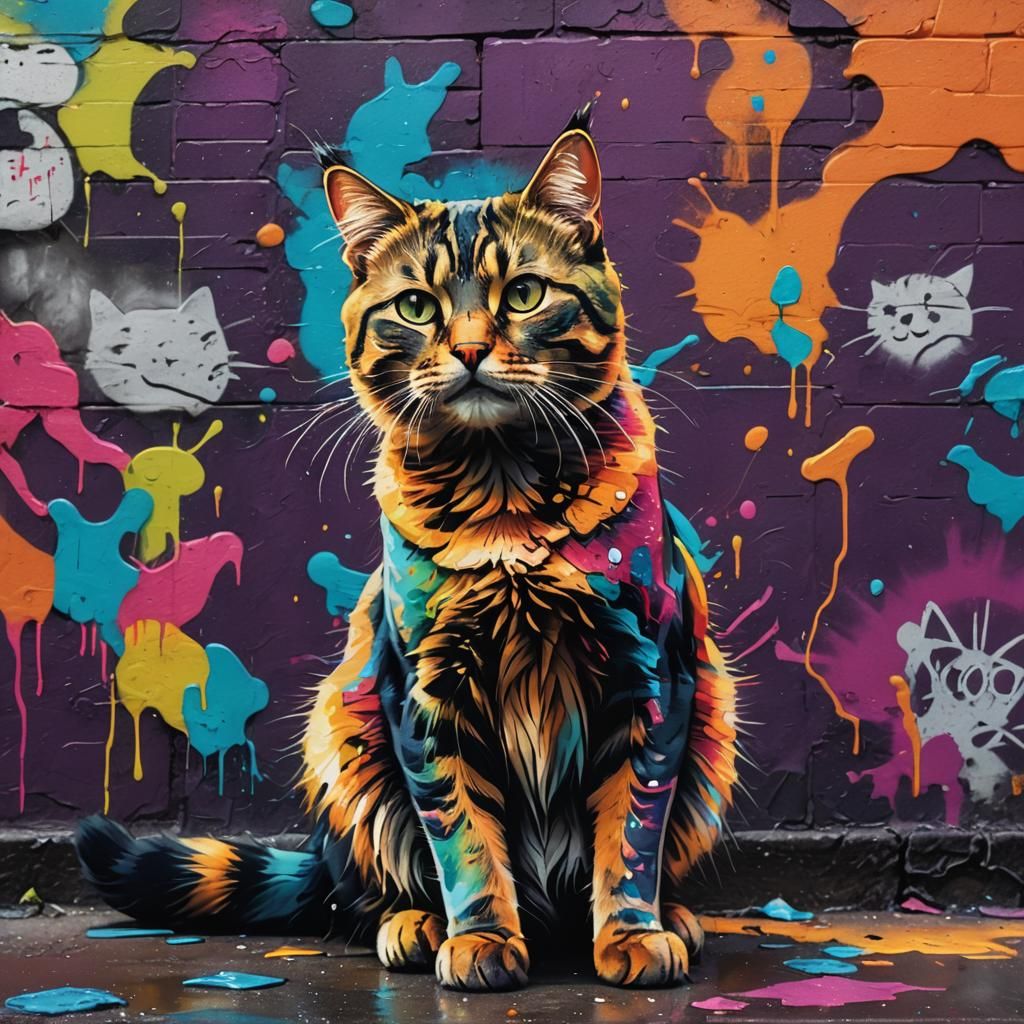Colorful Street Art Cat on Urban Wall