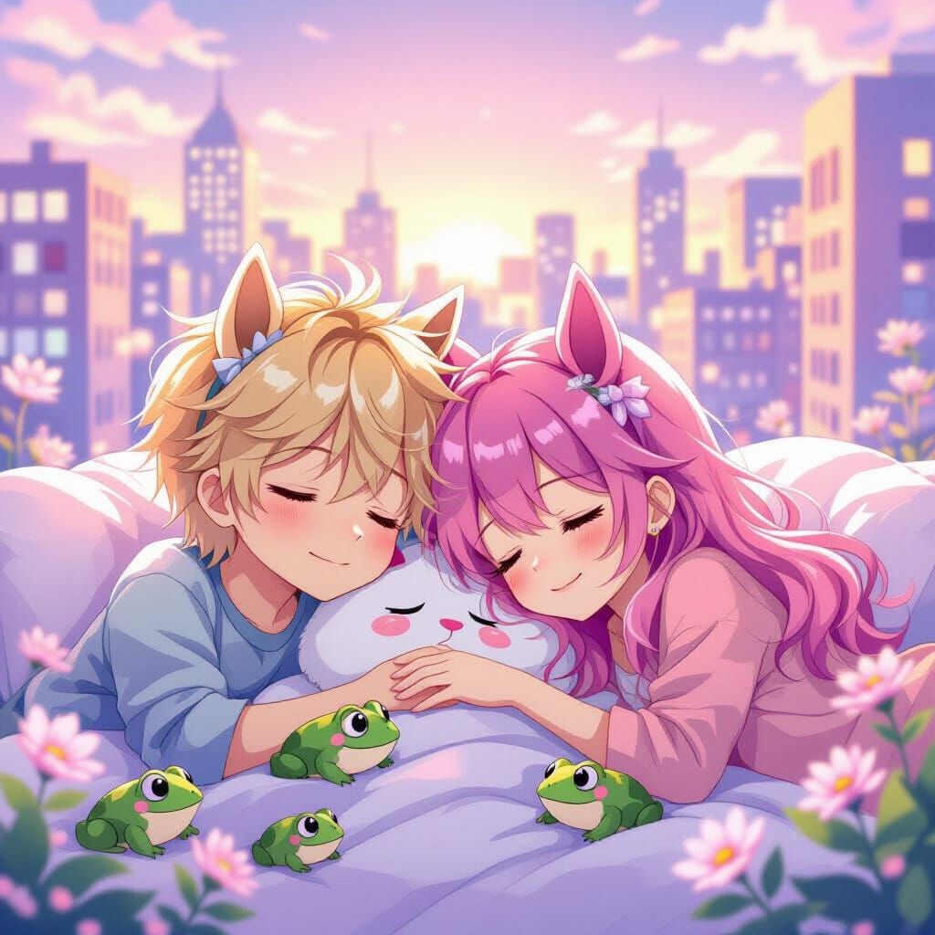Anime Style: Boy and Girl with Horse Ears Sleeping