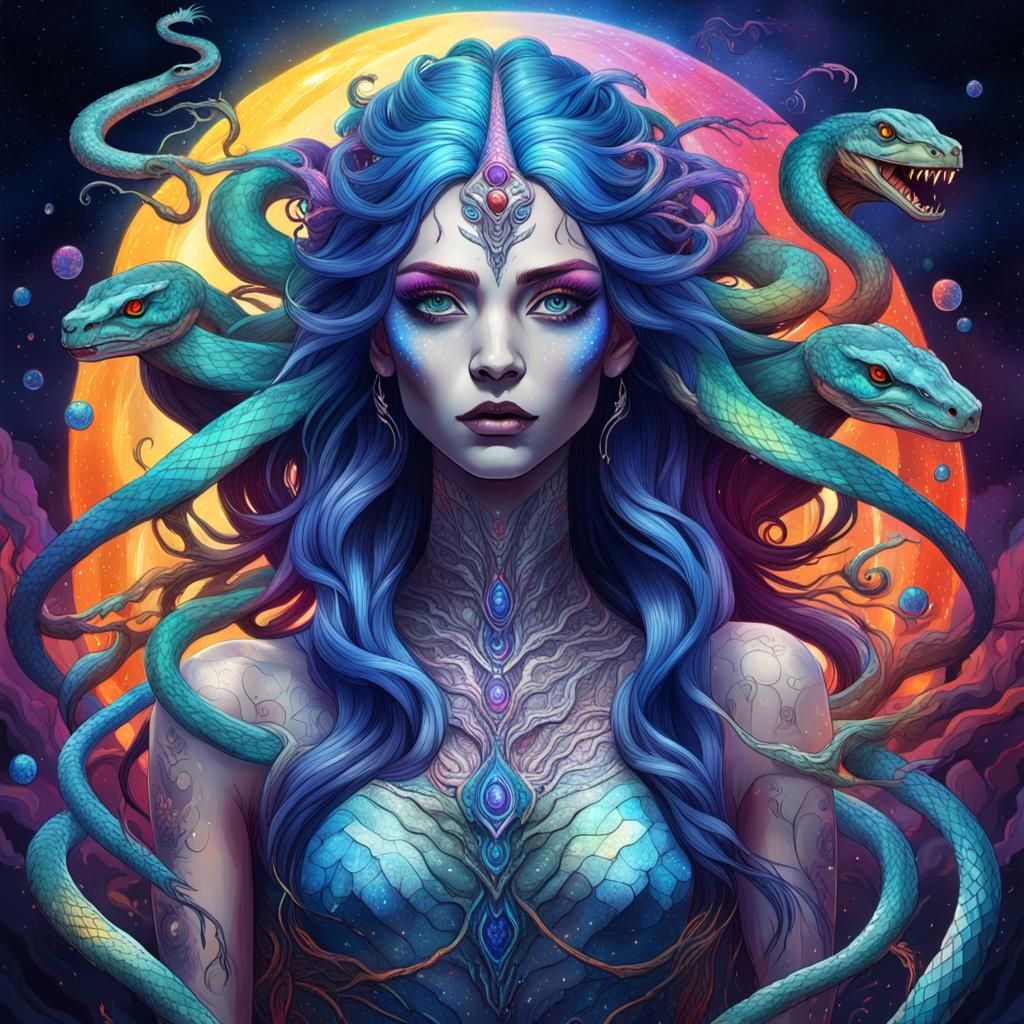 Cosmic Snake Goddess with Rainbow Wings