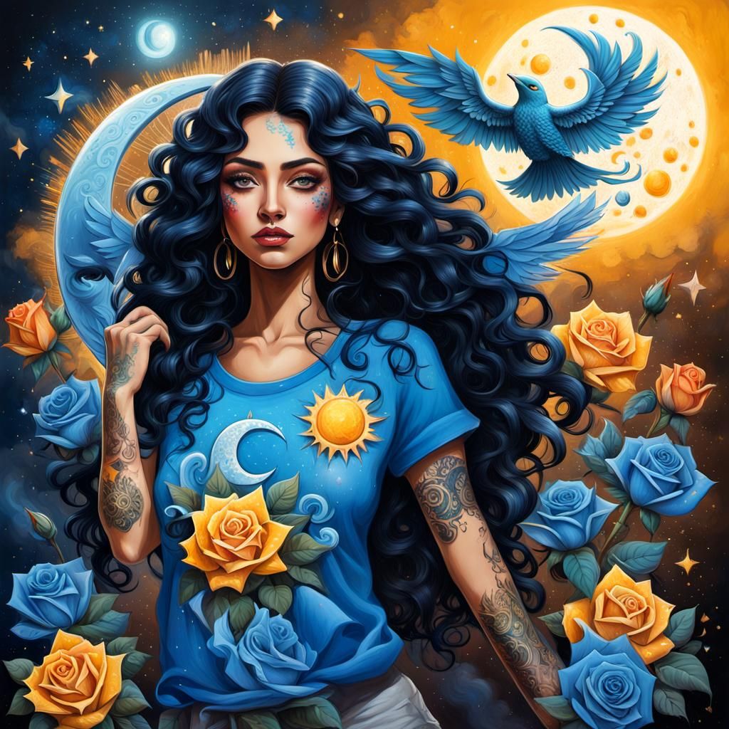 Mexican Girl with Blue Wings in Graffiti Art