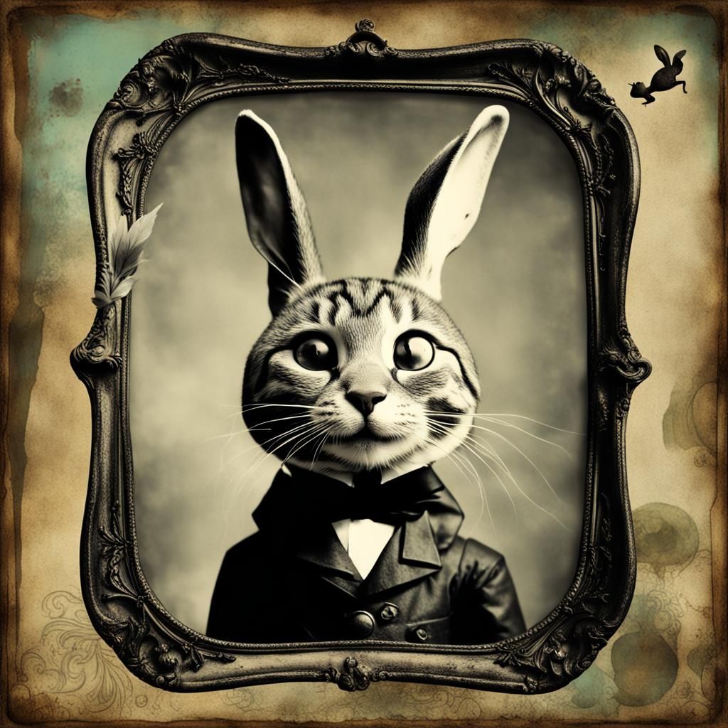 Alice in Wonderland Cat in Ornate Tintype Photo