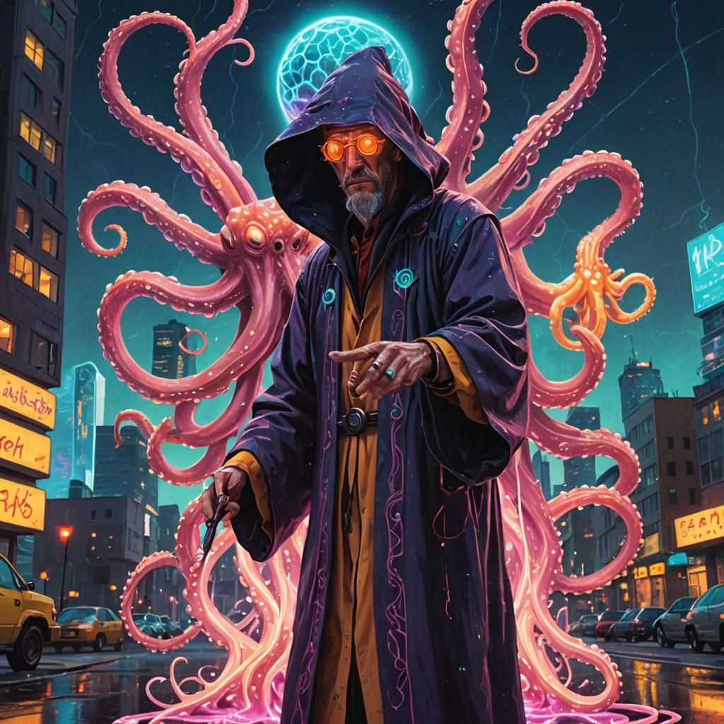 Wizard Battles Cosmic Octopus in Synthwave Style