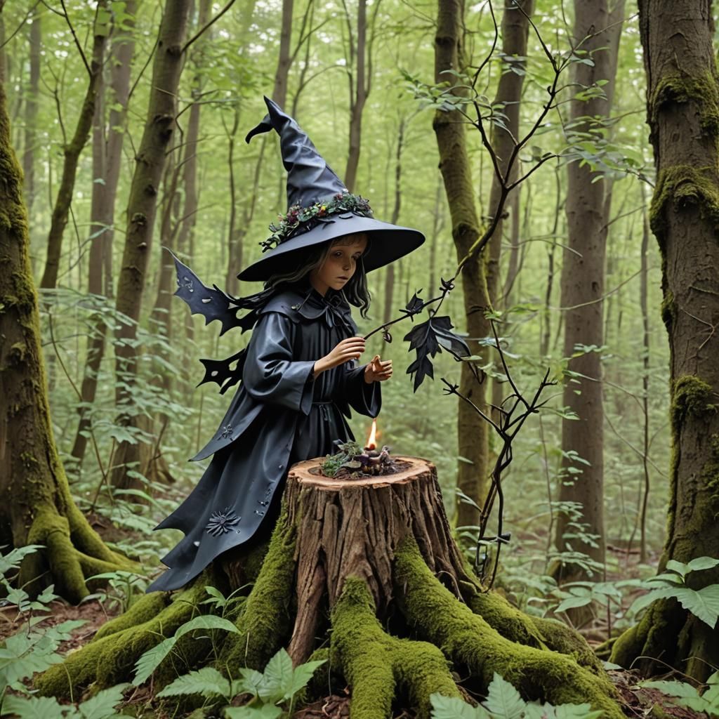 Whimsical Witch in Forest Scene
