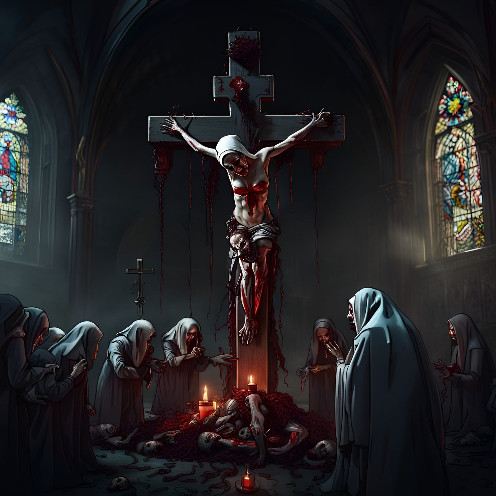Demonic Nuns Vomiting Zombie Babies: Detailed Matte Painting