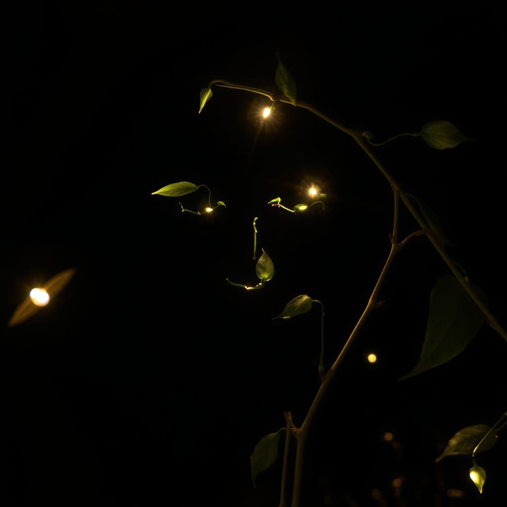 Firefly Lit Face in Vine Leaves