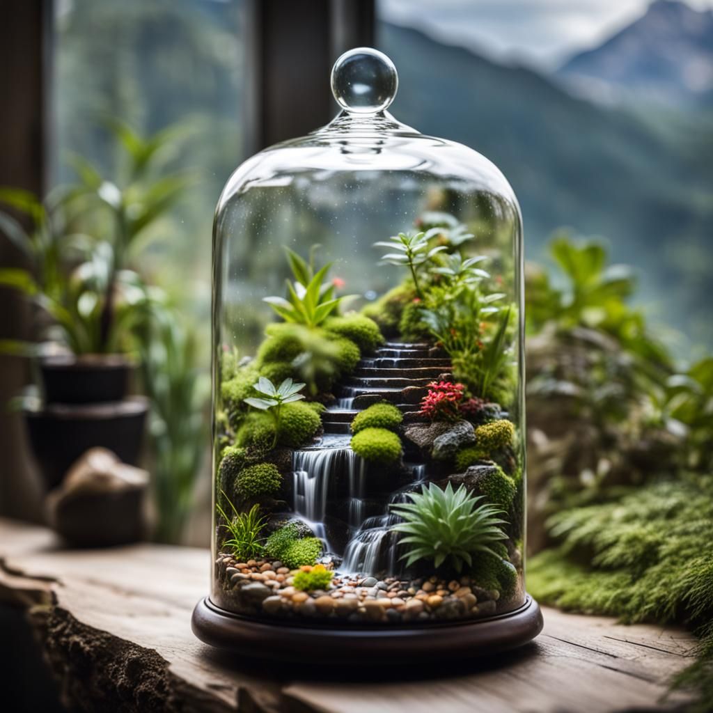 Bell Jar Terrarium with Waterfall, Professional Photography
