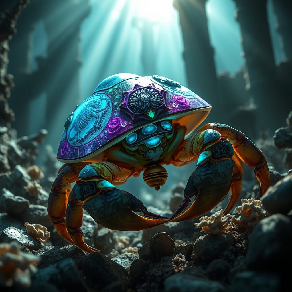 Bioluminescent Hermit Crab Explores Sunken City Ruins
