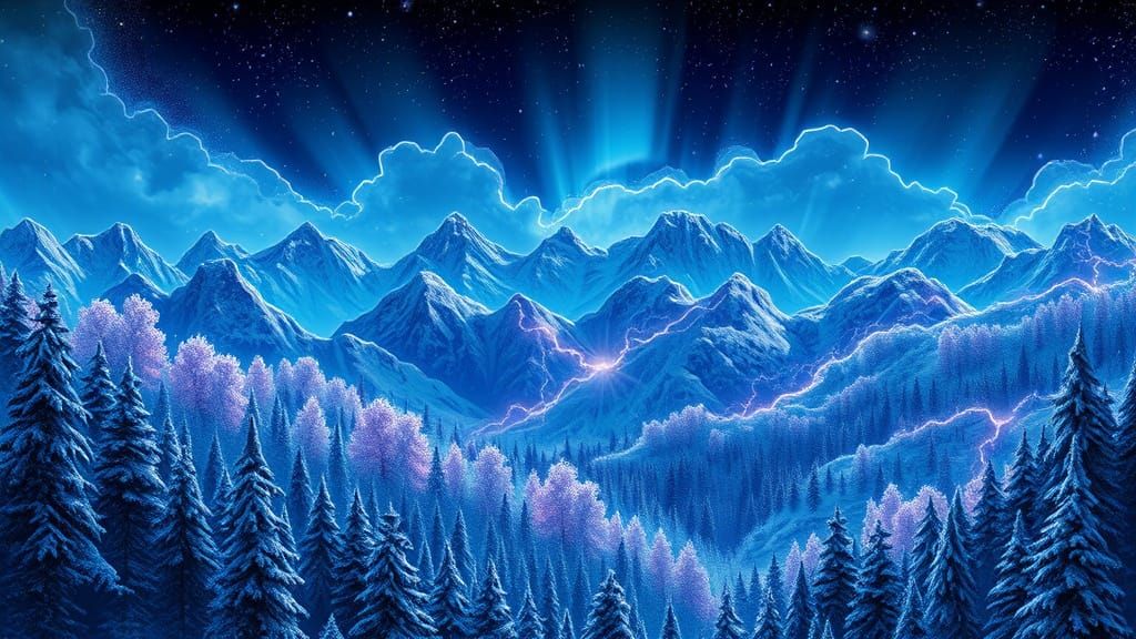 Neon Arctic Auroras Over Glittering Fractal Forest
