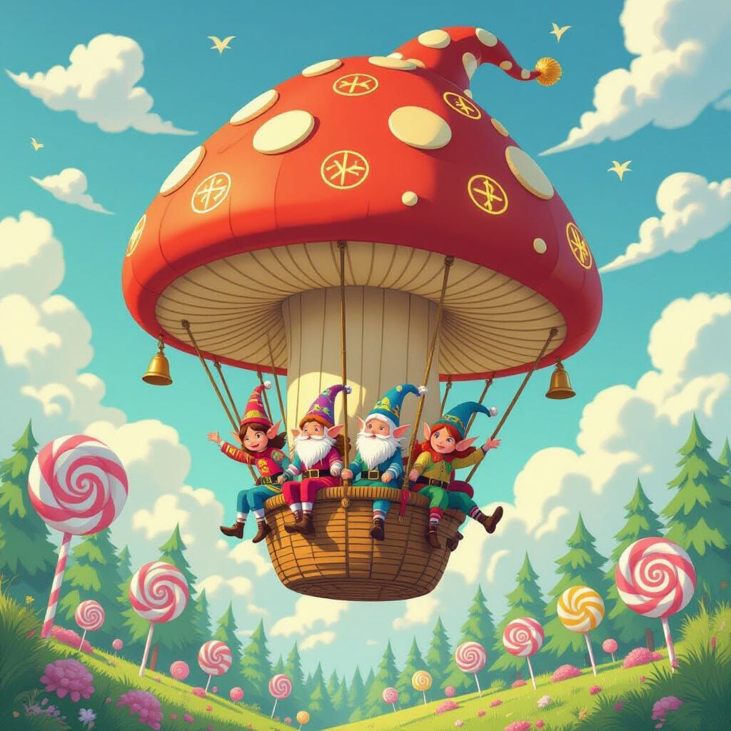Elves Soaring Over Candy Forest in Mushroom Balloon