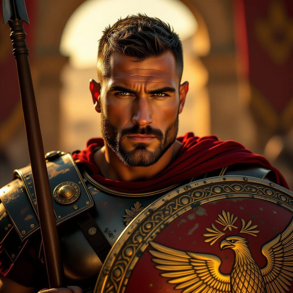 Hyperrealistic Roman Soldier Portrait with Eagle Shield