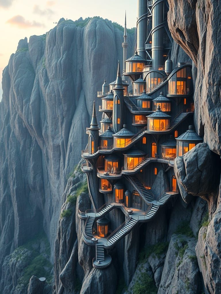 Utopian City Cascades Down Rocky Cliffside