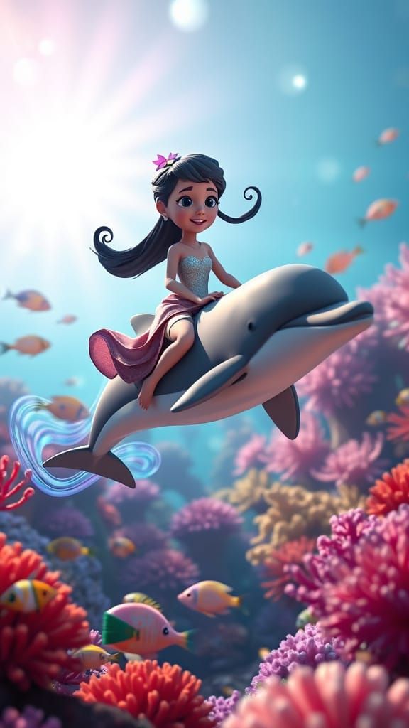 Girl Rides Dolphin Through Coral Garden in 3D Render