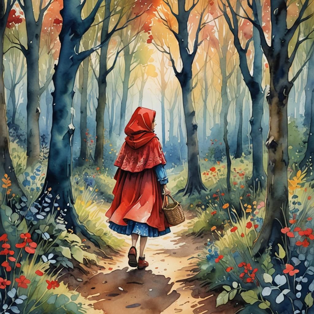 Little Red Riding Hood in Watercolor Forest