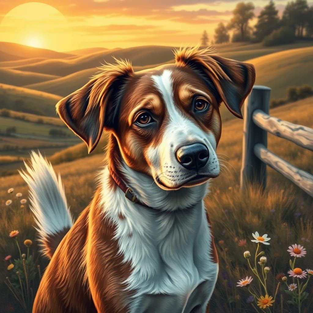 Rustic Dog in Impressionist Golden Field