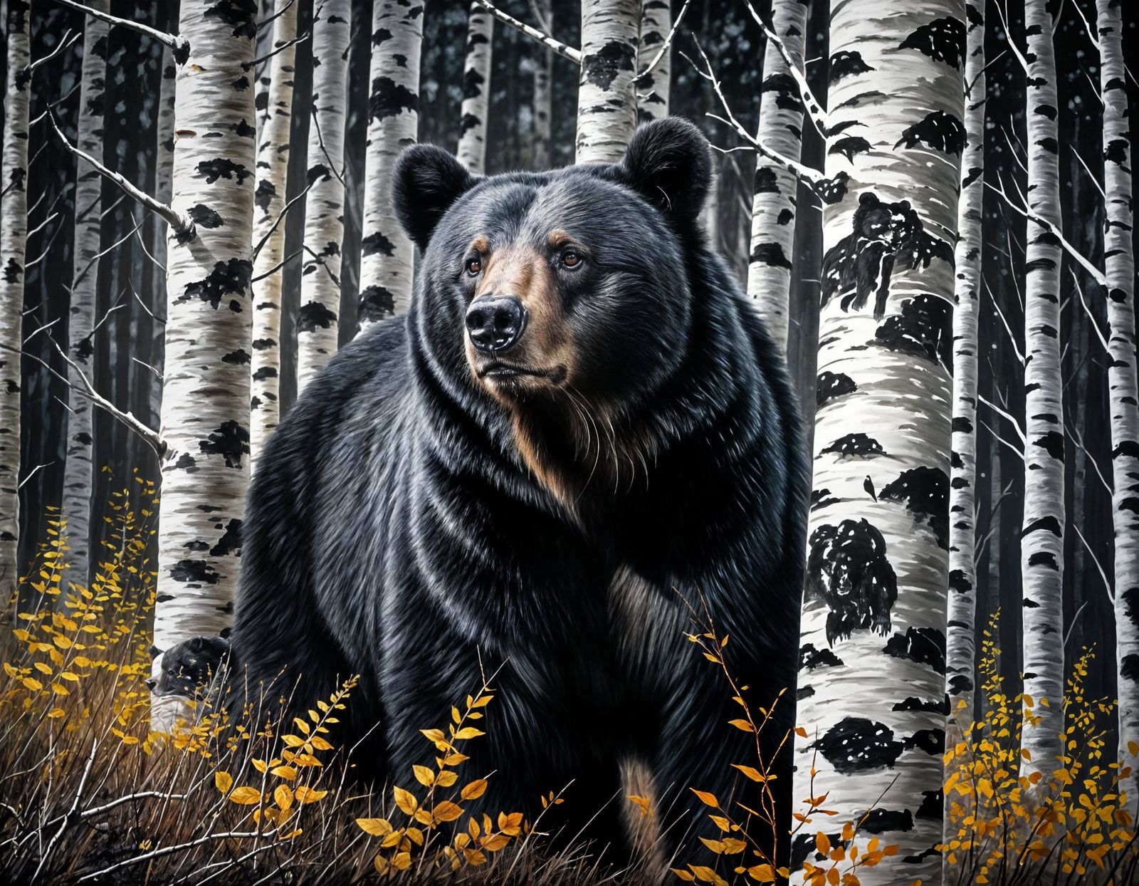 Black Bear in Birch Trees: Grunge Style Painting