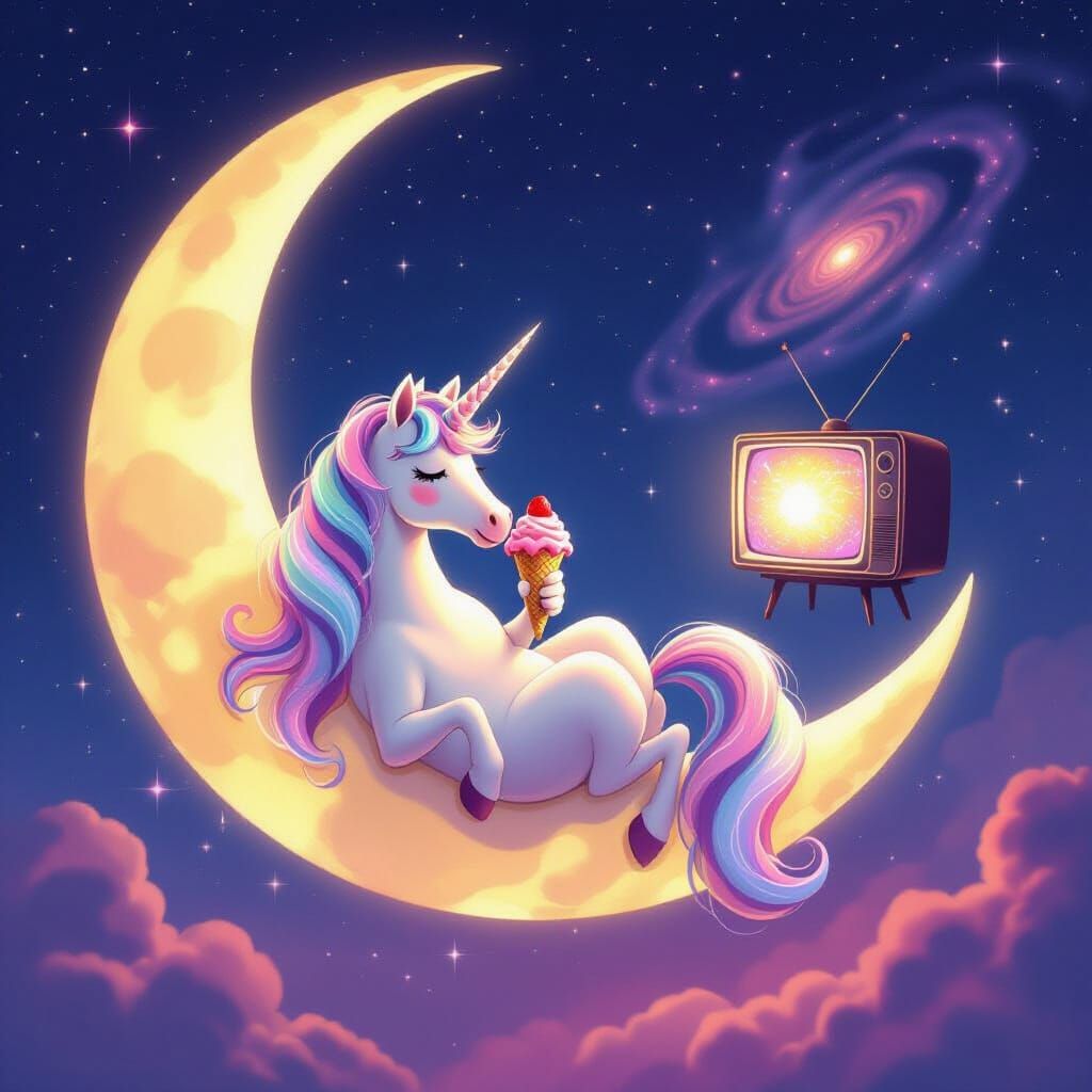 Unicorn Eats Ice Cream on Moon Watching TV in Cosmic Dreamsc...