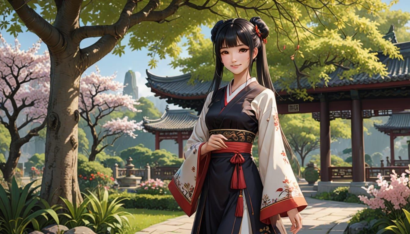 Elegant Chinese Beauty Poses Under Plum Blossom Tree