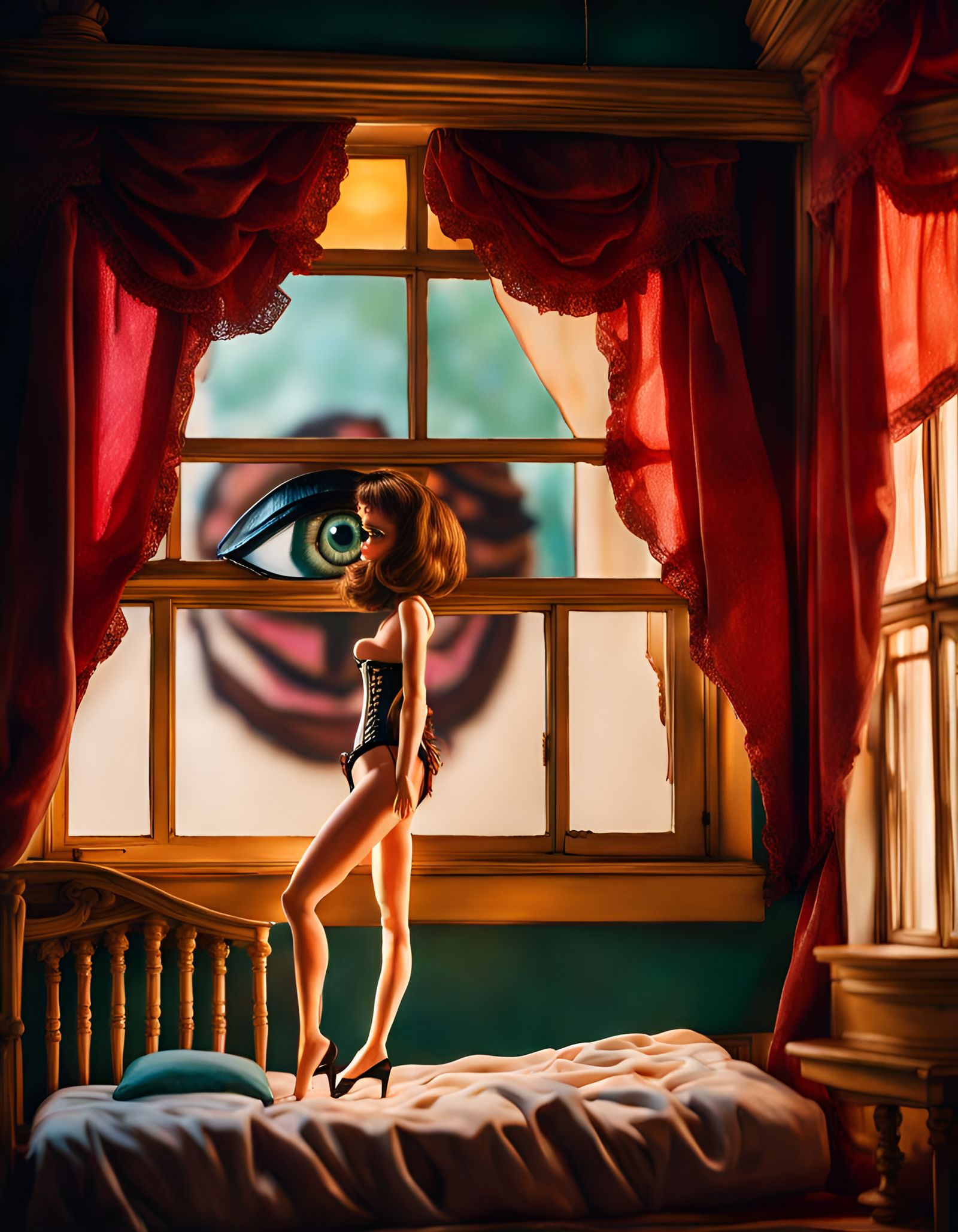 Dollhouse Bordello with Giant Eye, Hyperrealistic Art