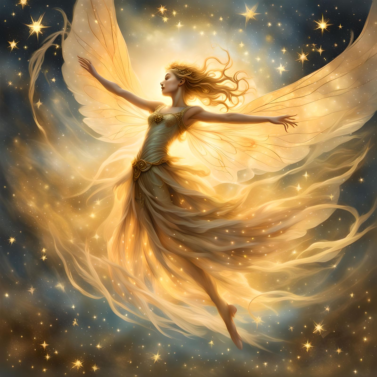 Fantasy illustration. Close-up, Rackham-style fairy in mid-a...