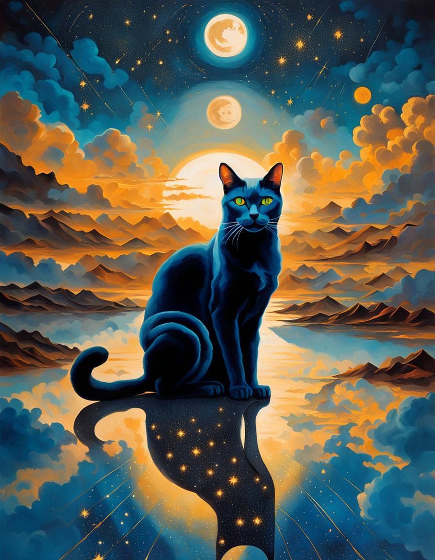 Cosmic Cat Deity in Surreal Starry Night