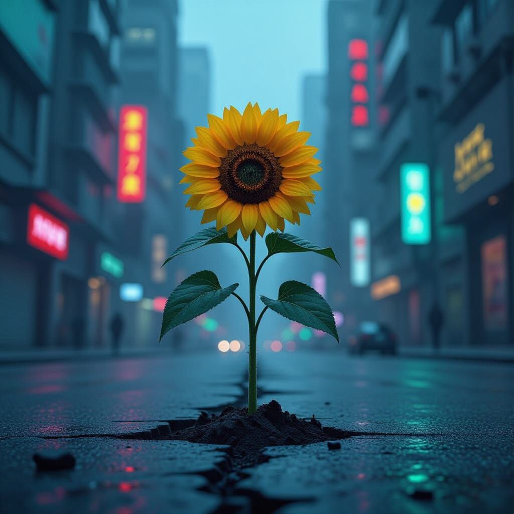 Sunflower in Cyberpunk Cityscape: Splash Art Style