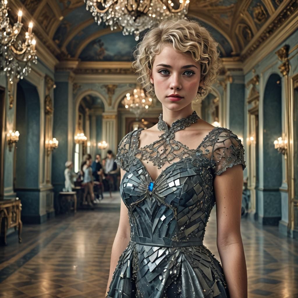 Woman in Crystalline Dress in Ballroom, Hyperrealistic