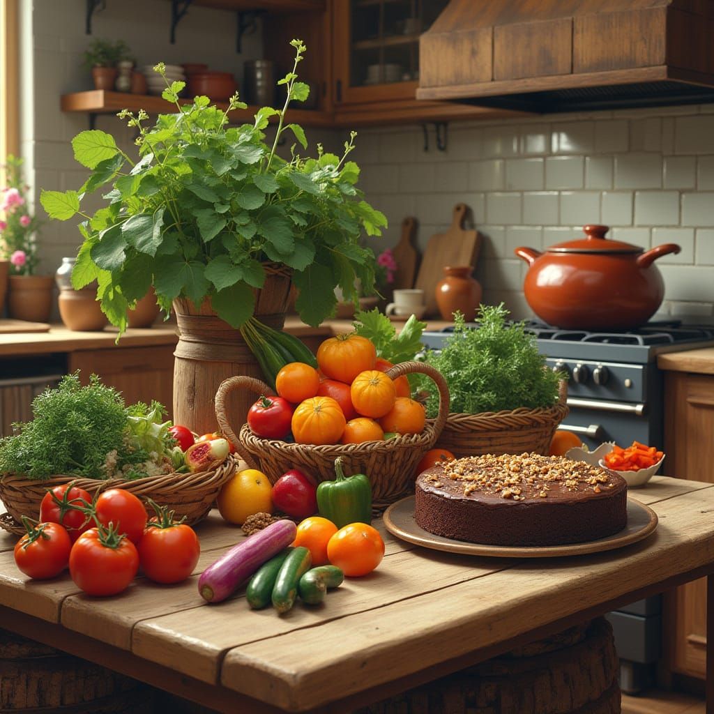 Cozy Kitchen Scene with Rustic Table and Fresh Produce