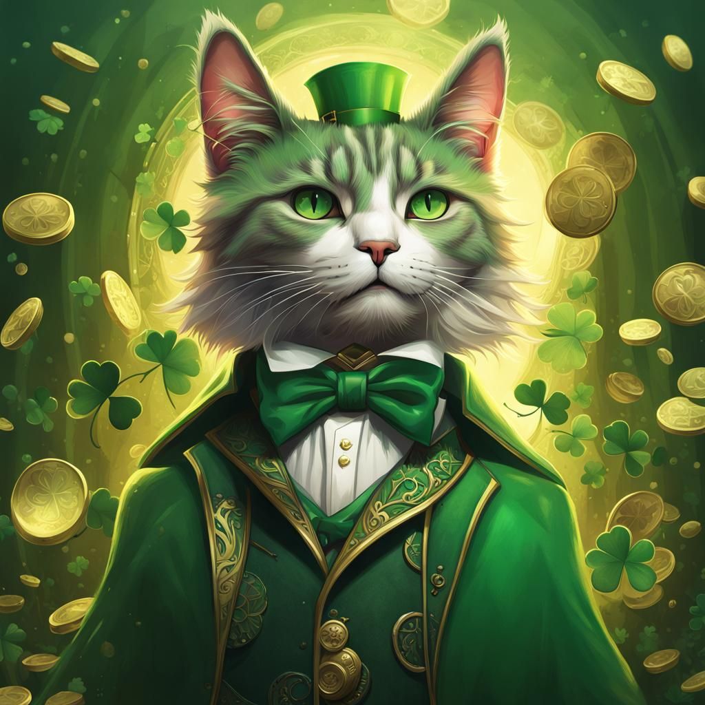 Lucky St. Patrick's Cat Portrait in Digital Art Style